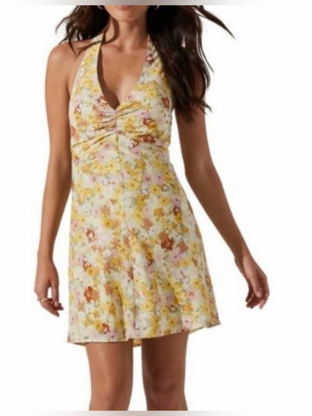 ASTR The Label Floral Halter Ruched Mini Dress Yellow Pink Large